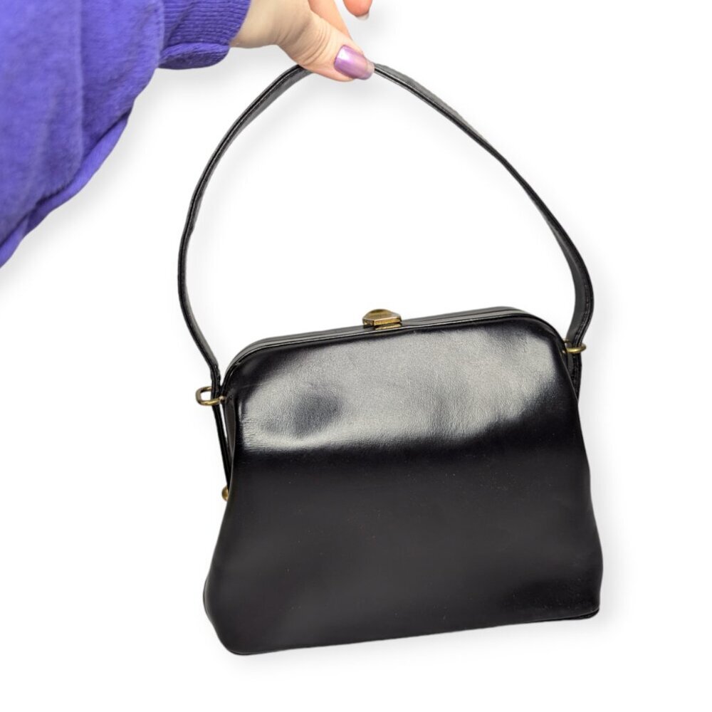 Vintage Leather Black Handbag with Gold Tone Metal Clasp Closure Leather Lined